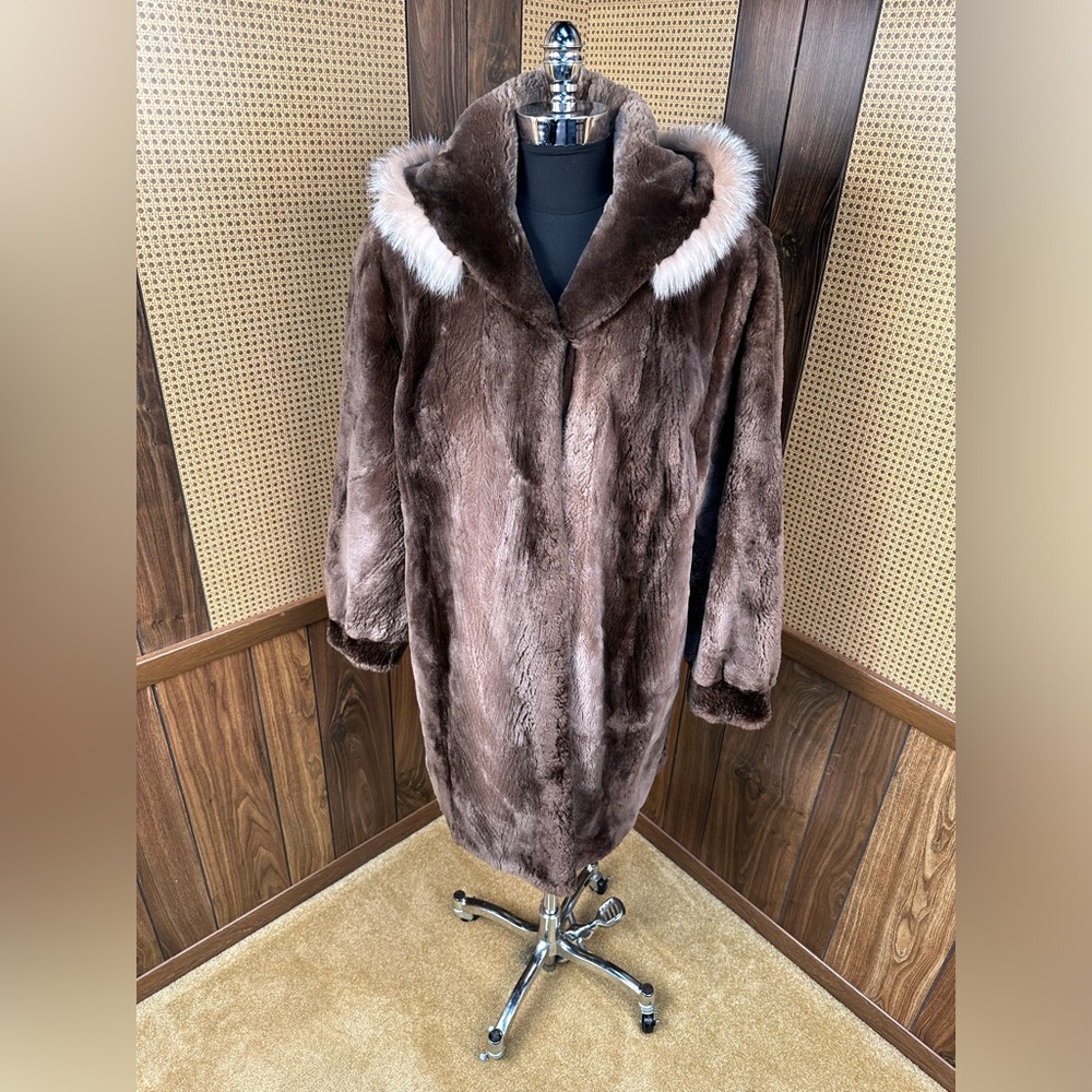 PINO MADE IN CANADA PHANTOM BROWN SHEARED BEAVER & FOX TRIM HOOD FUR COAT JACKET